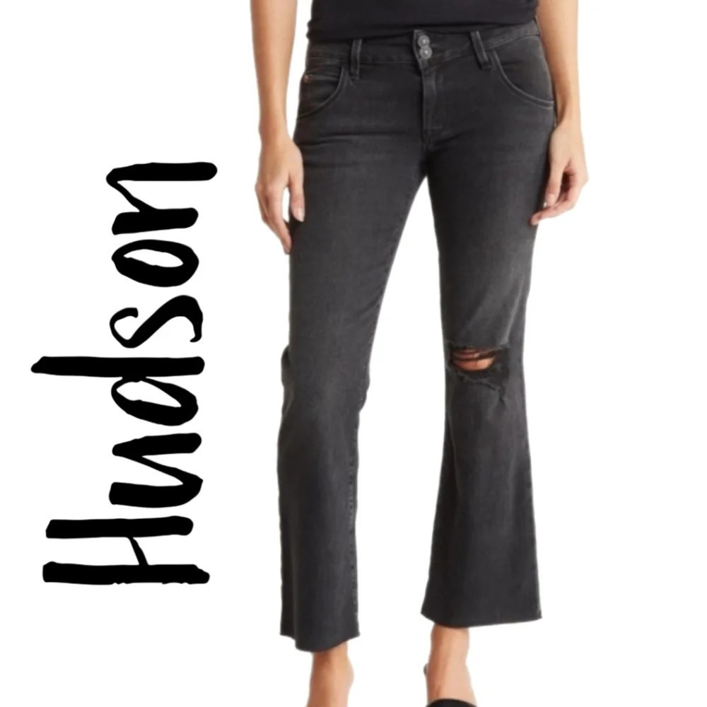 Hudson Womens Collin Black Midrise Bootcut Cropped Raw Hem  Distress Jeans sz 26